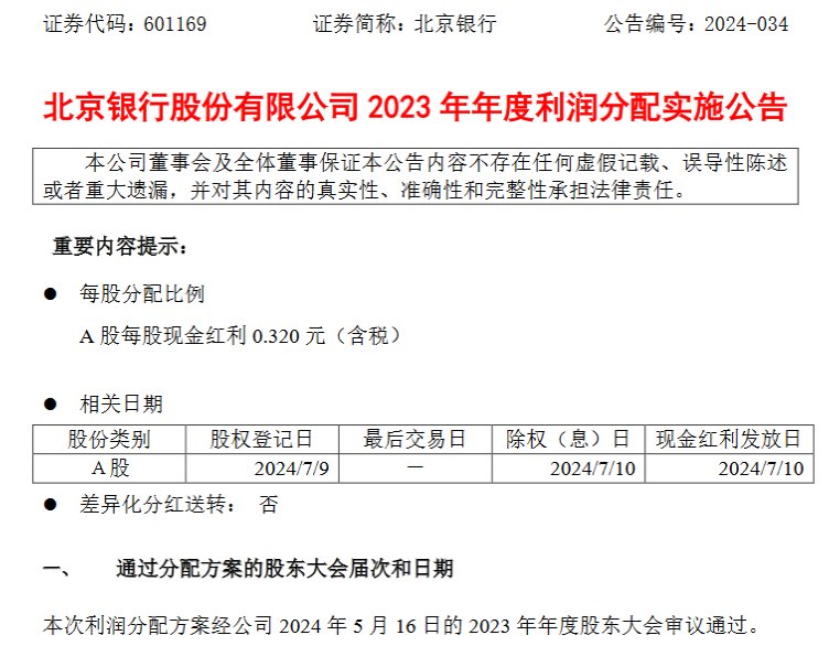 北京银行：2023年年度利润每股派发现金红利0.32元-第1张图片-沐栀生活网