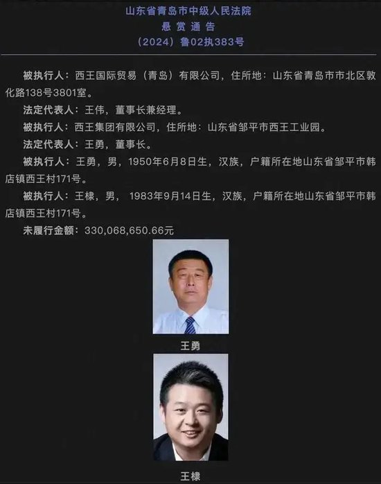 西王集团成“老赖”，法院比较高
悬赏990万，征集其董事长王勇财产线索-第1张图片-沐栀生活网