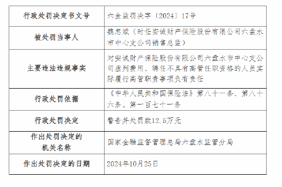 安诚财险六盘水市中心支公司被罚29万元：因虚列费用 聘任不具有高管任职资格的人员实际履行高管职责-第2张图片-沐栀生活网