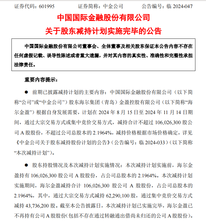 二股东海尔金盈清仓减持中金公司，历时两年套现143亿-第1张图片-沐栀生活网